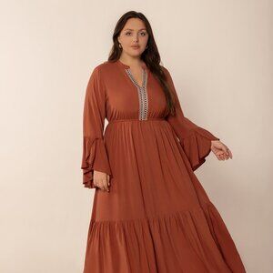 Plus Size Ruffled Notched Long Sleeve Midi Dress